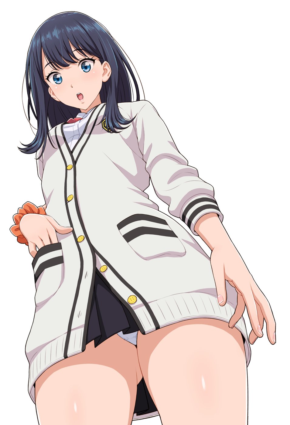 10s 1girl black_hair blue_eyes cardigan female_focus gridman_universe hand_in_pocket highres long_hair long_sleeves looking_at_viewer nigou panties pantyshot pleated_skirt school_uniform scrunchie shirt skirt solo ssss.gridman takarada_rikka thighs underwear white_panties white_shirt wrist_scrunchie