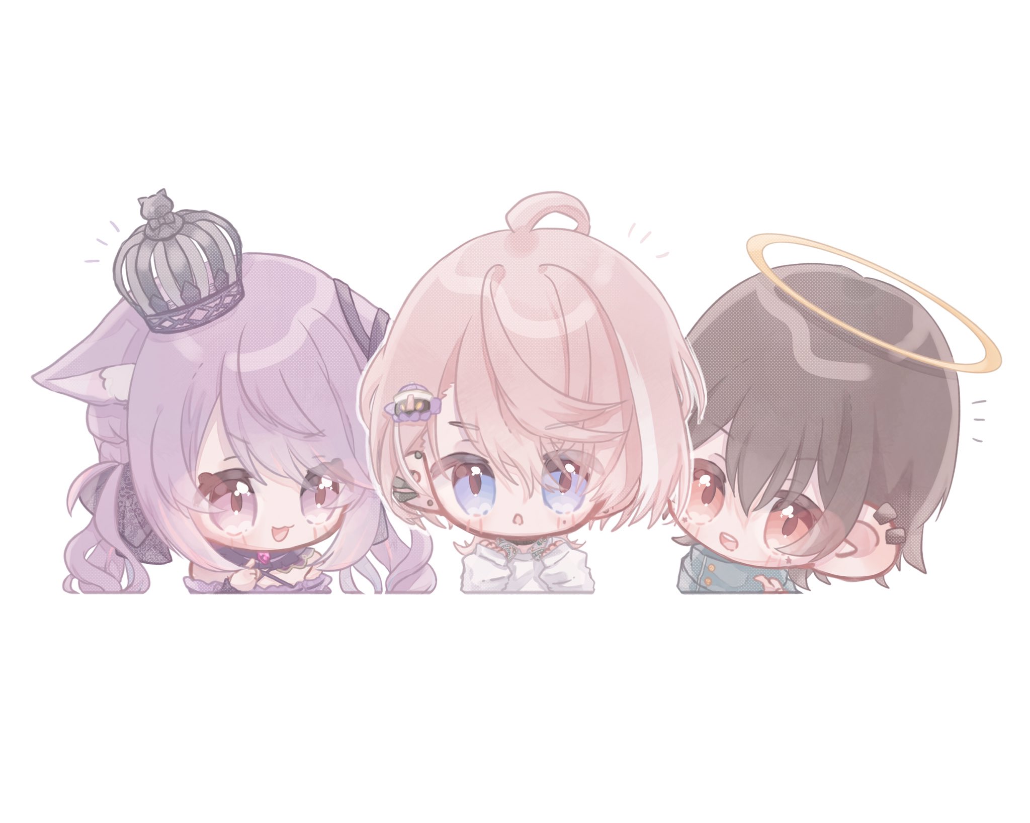 1girl 2boys ahoge animal_ears black_bow black_collar black_ribbon blue_eyes blush bow brown_hair cat_ears chibi collar commentary criss-cross_halter crown detached_collar ear_ribbon earrings hair_bow halo halterneck highres ina_uruu indie_virtual_youtuber jewelry long_hair looking_at_viewer minase_(neo-porte) mini_crown multicolored_hair multiple_boys nanashi_inc. natsume_sensei neo-porte open_mouth pink_eyes pink_hair ribbon round_teeth shirt simple_background smile symbol-only_commentary tada_no_ayateru teeth two-tone_hair upper_body upper_teeth_only virtual_youtuber white_background white_shirt