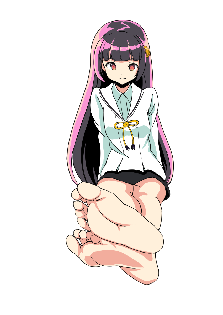 1girl barefoot dohna_dohna_issho_ni_warui_koto_o_shiyou feet foot_focus highres jmpdwgtdw938 long_hair looking_at_viewer mibu_kikuchiyo red_eyes soles toes
