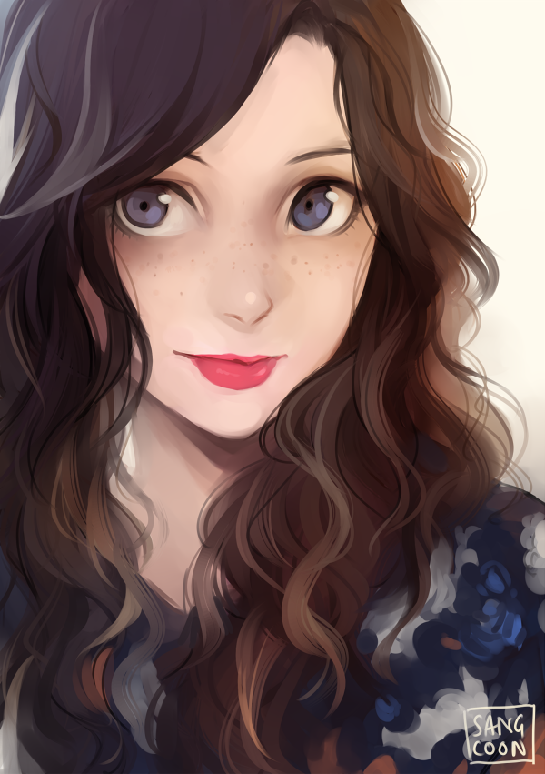 1girl artist_name blue_eyes brown_hair female_focus freckles lipstick makeup original portrait red_lips sangcoon signature solo wavy_hair