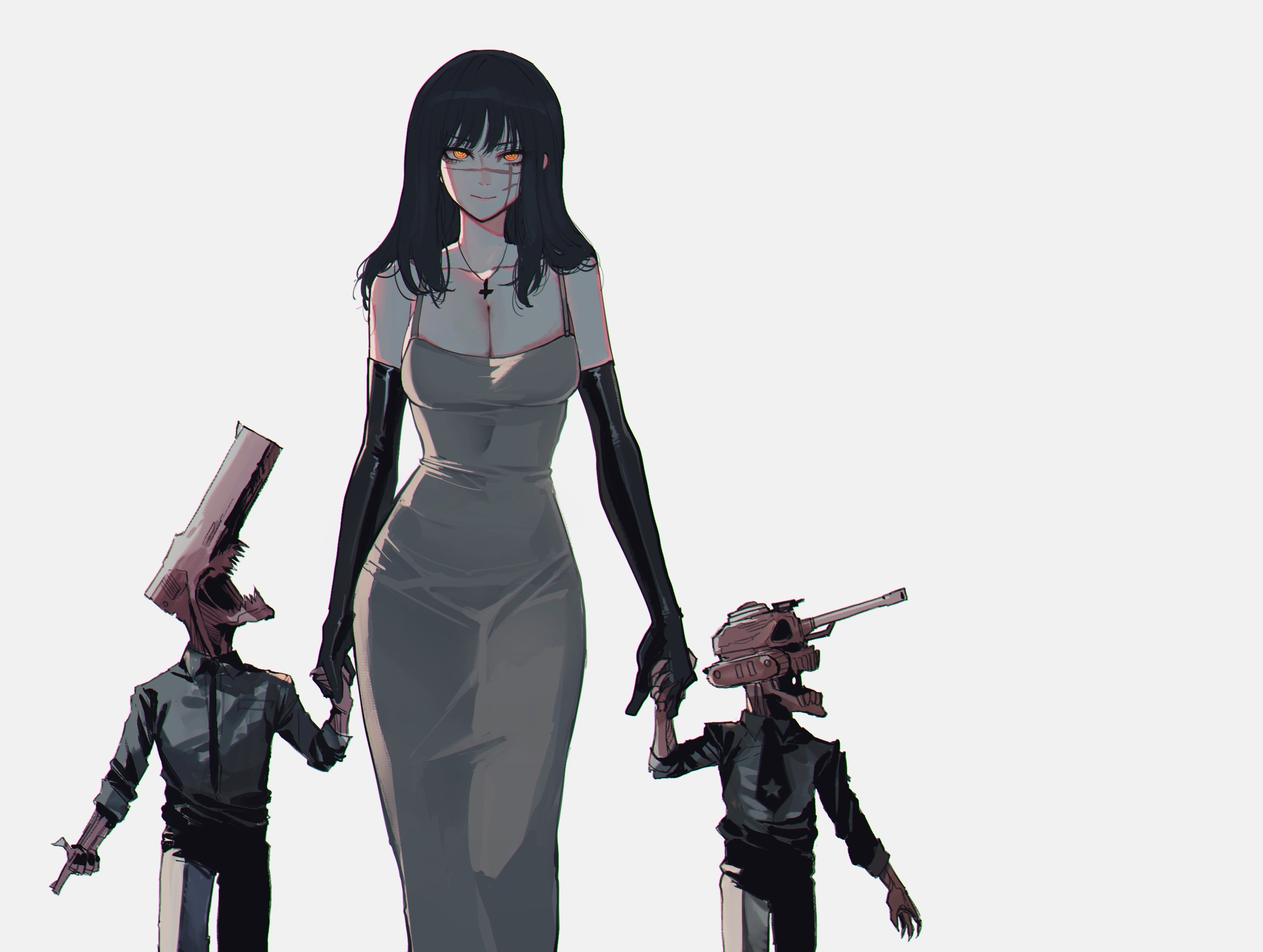 1girl 2boys black_gloves black_hair breasts chainsaw_man cleavage cross cross_scar dongtan_dress dress elbow_gloves facial_scar gloves grey_dress gun_devil_(chainsaw_man) highres holding_hands inverted_cross inverted_cross_necklace long_hair looking_at_viewer meme_attire mother_and_son multiple_boys ratatatat74 ringed_eyes scar scar_on_cheek scar_on_face scar_on_nose simple_background sleeveless sleeveless_dress solo tank_devil_(chainsaw_man) yellow_eyes yoru_(chainsaw_man)