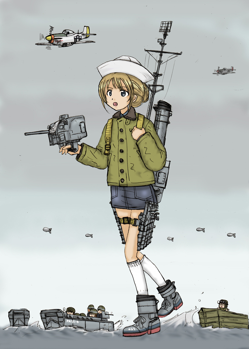 4girls aircraft airplane artillery barrage_balloon boots cannon dirigible dixie_cup_hat ernest_(sieg1945) escort_fighter goggles hat helmet highres historical_event jacket landing_craft m4_sherman mecha_musume medium_tank military military_hat military_uniform military_vehicle motor_vehicle multiple_girls naval_artillery naval_gun original p-51_mustang propeller_fighter ship socks solo_focus tank turret watercraft world_war_ii