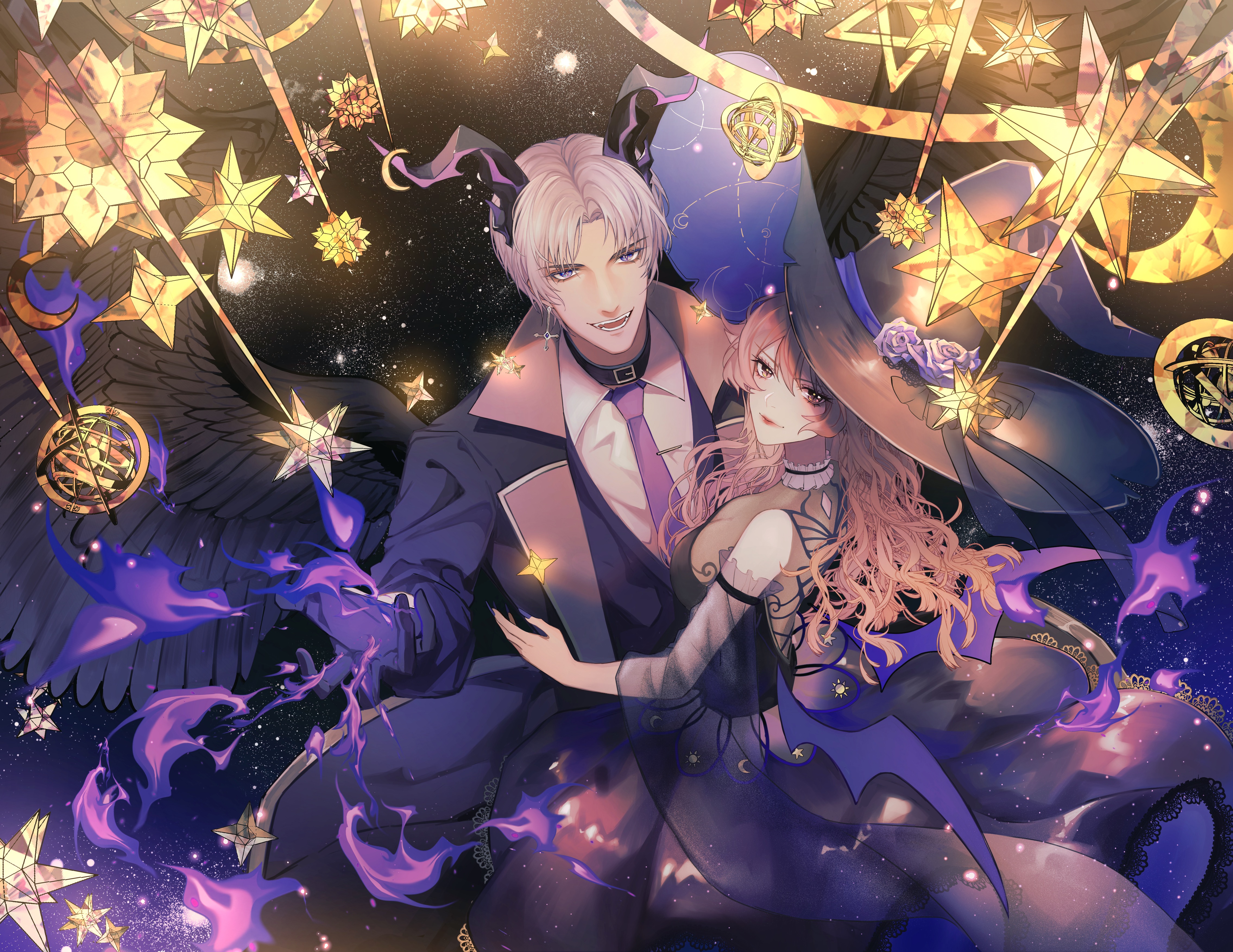 1boy 1girl :d absurdres animal_print armillary_sphere bare_shoulders bat_wings belt_collar black_background black_coat black_collar black_dress black_gloves black_hat black_horns black_ribbon black_vest black_wings breasts brown_eyes butterfly_print charlie_su chinese_commentary choker cleavage closed_mouth clothing_cutout coat collar collared_shirt couple cowboy_shot crescent crescent_print cross cross_earrings demon_horns detached_sleeves dress earrings fangs feathered_wings fingernails fire flower frilled_choker frills from_above gloves grey_hair hair_between_eyes hand_on_another's_hip hat hat_flower hat_ornament hat_ribbon hetero highres horns inverted_cross jewelry kocona lace lace-trimmed_dress lace_trim lapel_pin light_and_night_love light_particles lipstick long_fingernails long_hair long_sleeves looking_at_viewer looking_back looking_up makeup mini_wings mobile nail_polish necktie open_clothes open_coat open_mouth orange_lips parted_bangs protagonist_(light_and_night_love) purple_eyes purple_fire purple_flower purple_nails purple_necktie purple_rose purple_wings pyrokinesis ribbon rose see-through_cleavage see-through_clothes see-through_sleeves shirt short_hair single_earring sleeveless sleeveless_dress small_stellated_dodecahedron smile standing stellated_octahedron two-sided_fabric two-sided_headwear vest wavy_hair white_shirt wings witch_hat