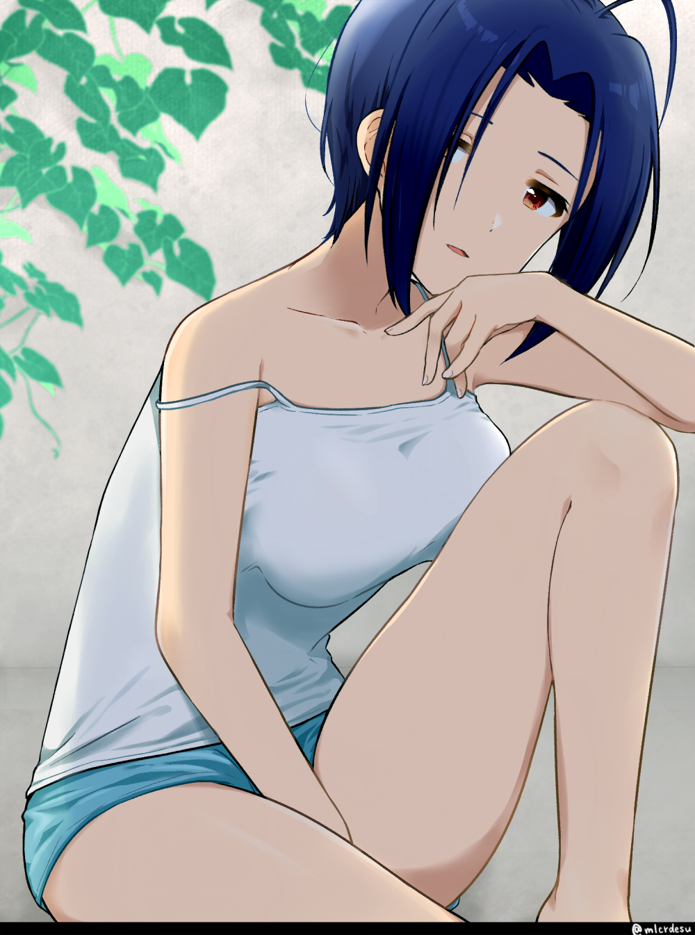 1girl ahoge blue_hair blue_shorts breasts brown_eyes camisole collarbone curtained_hair dot_nose forehead hair_over_eyes half-closed_eyes hand_between_thighs hand_on_own_chin highres idolmaster idolmaster_(classic) idolmaster_million_live! idolmaster_million_live!_theater_days ivy large_breasts leg_up looking_at_viewer merukyara miura_azusa parted_lips short_hair shorts sidelocks single_off_shoulder sitting solo white_camisole