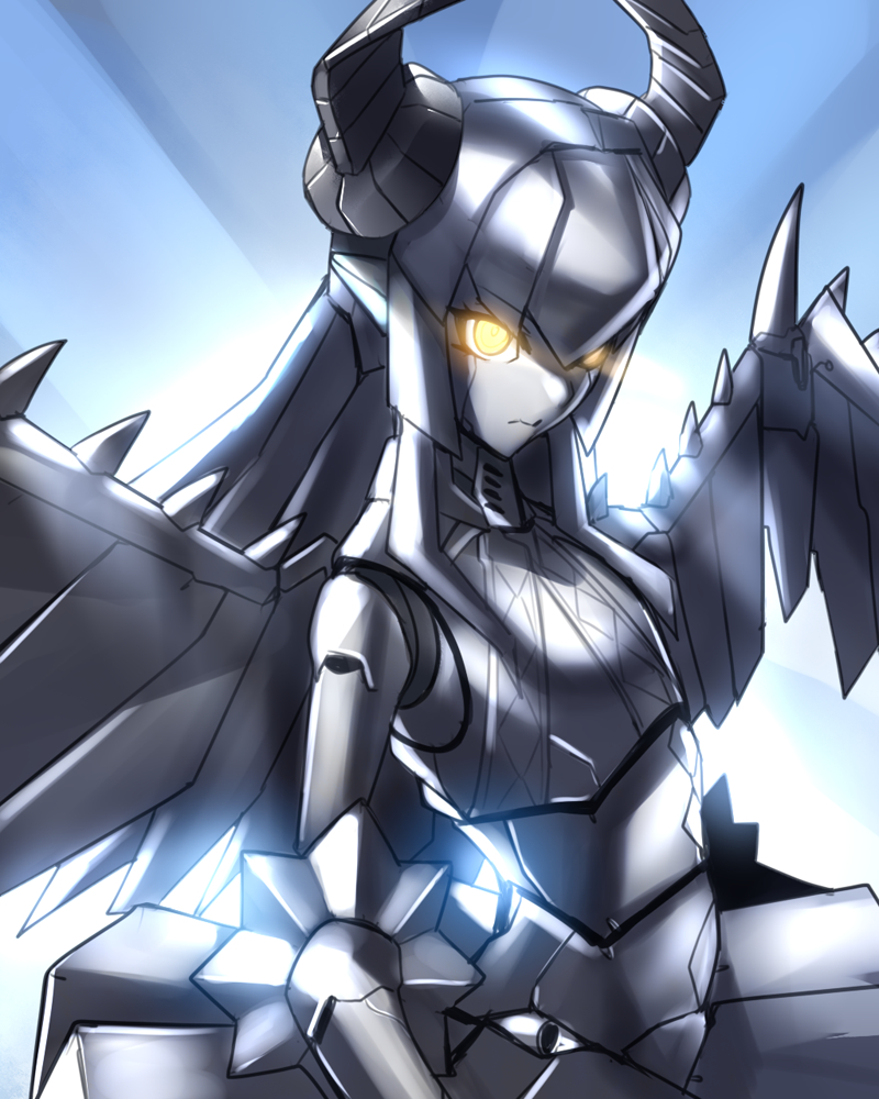 1girl ban!_(bansankan) closed_mouth colored_skin crop_top elizabeth_bathory_(fate) fate/grand_order fate_(series) female_focus glowing glowing_eyes grey_skin horns looking_at_viewer mecha_eli-chan_(fate) mecha_eli-chan_mk.ii_(fate) pointy_ears robot skirt solo spikes standing upper_body wings yellow_eyes