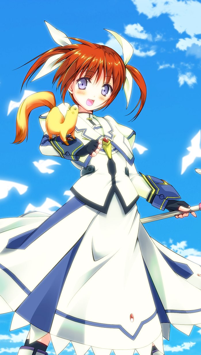 1girl black_gloves blue_eyes blue_sky bracer brown_hair cloud cloudy_sky commentary_request cropped_jacket day dress ferret fingerless_gloves gloves hair_ribbon hajime_kazuhito highres holding holding_staff jacket juliet_sleeves long_dress long_sleeves looking_at_viewer lyrical_nanoha magical_girl mahou_shoujo_lyrical_nanoha mahou_shoujo_lyrical_nanoha_the_movie_1st open_mouth outdoors puffy_sleeves raising_heart ribbon short_hair sky smile staff standing takamachi_nanoha takamachi_nanoha_(movie_1st_mode) twintails white_dress white_jacket white_ribbon yuuno_scrya