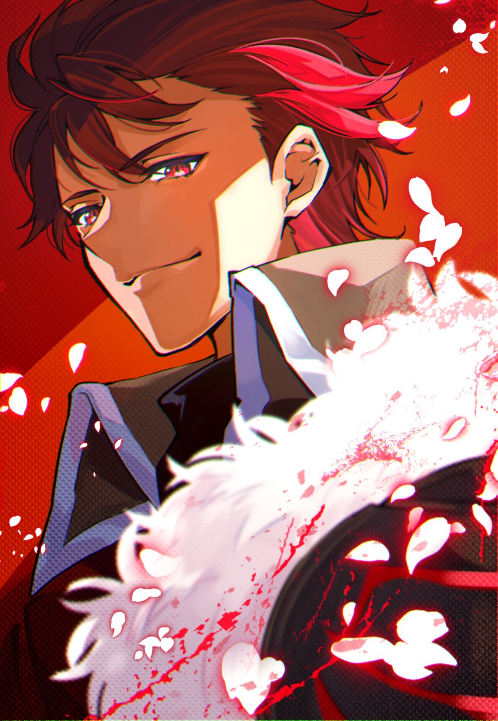 1boy closed_mouth diamant_(fire_emblem) fire_emblem fire_emblem_engage highres ichino_tomizuki looking_at_viewer male_focus medium_hair messy_hair nintendo portrait red_background red_eyes red_hair smile solo swept_bangs
