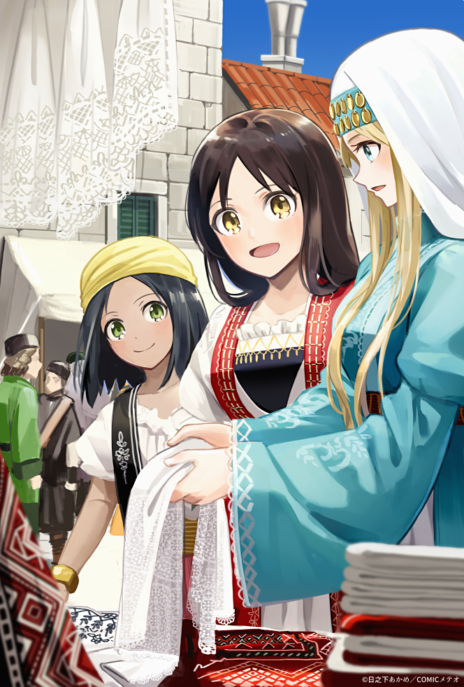 3girls aege-kai_wo_wataru_hana-tachi artist_name black_shirt black_vest blonde_hair blue_dress blue_sky bracelet brown_hair brown_sash building chimney commentary copyright_notice dress fabric gold_bracelet green_eyes headscarf hinoshita_akame holding_cloth italian_clothes jewelry lace layered_dress lisa_(aege-kai_wo_wataru_hana-tachi) long_sidelocks looking_at_viewer looking_to_the_side market_stall medieval multiple_girls official_art olha_(aege-kai_wo_wataru_hana-tachi) open_mouth outdoors people profile red_dress sash shirt sideblush sky standing tile_roof tzivyah_(aege-kai_wo_wataru_hana-tachi) veil very_long_sidelocks vest white_dress white_shirt white_veil window_shutter yellow_eyes yellow_headscarf yellow_sash