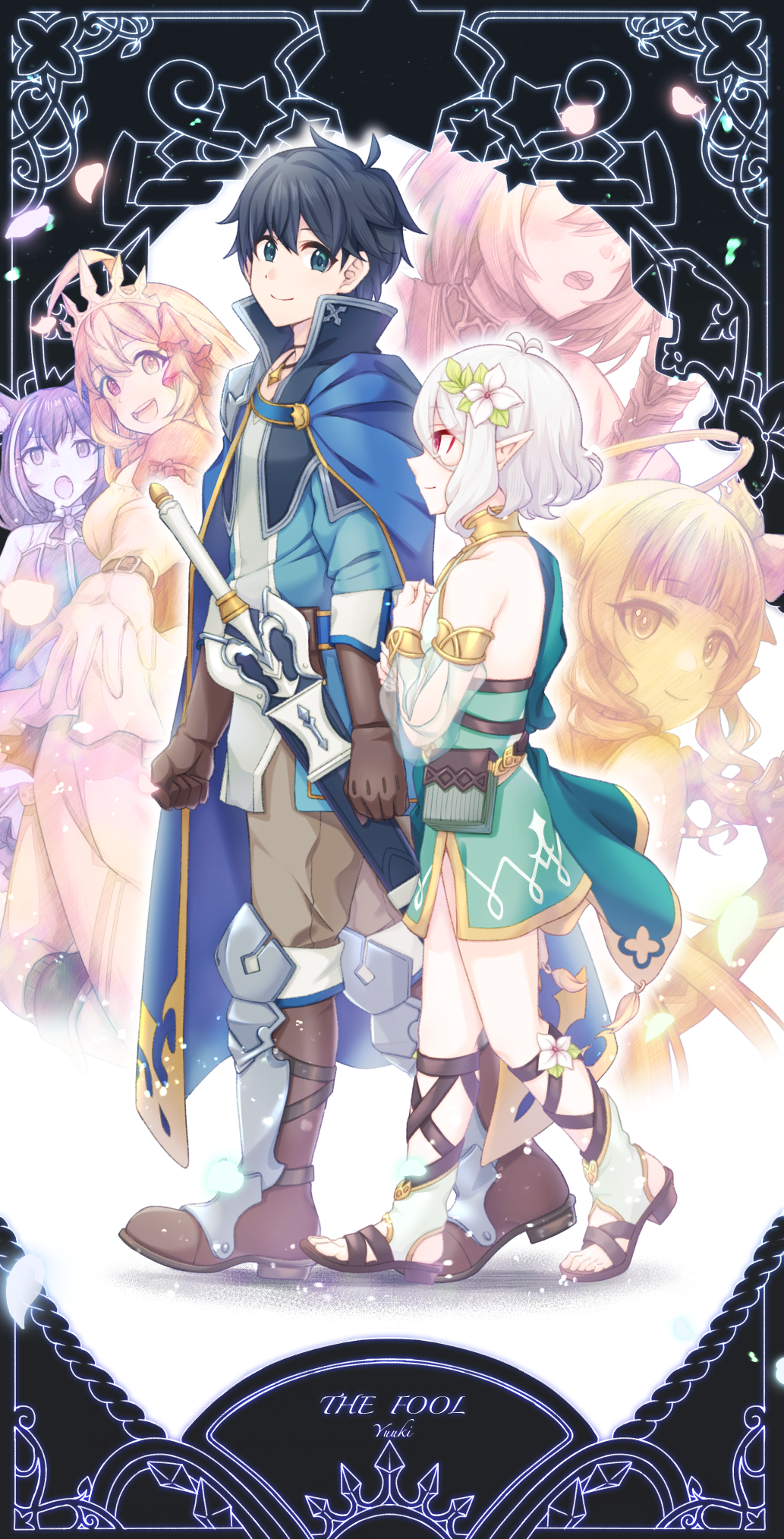 1boy 5girls :d ahoge altheavin ameth_(princess_connect!) animal_ear_fluff animal_ears antenna_hair armor backless_dress backless_outfit bare_shoulders black_hair blue_cape blunt_bangs boots border breasts brown_footwear brown_gloves brown_pants cape card_(medium) cat_ears cat_girl character_name closed_mouth commentary detached_sleeves dress drill_hair drill_sidelocks elbow_gloves elf english_text eye_contact fang flower gloves green_dress green_eyes green_shirt hair_between_eyes hair_flower hair_ornament hair_ribbon halo highres jewelry karyl_(princess_connect!) kokkoro_(princess_connect!) large_breasts long_hair looking_at_another looking_at_viewer looking_back multicolored_hair multiple_girls multiple_monochrome necklace open_mouth ornate_border pants pauldrons pecorine_(princess_connect!) pink_eyes pointy_ears princess_connect! puffy_short_sleeves puffy_sleeves ribbon shirt short_hair short_sleeves shoulder_armor side_slit sidelocks sleeveless sleeveless_dress smile star_(symbol) streaked_hair tarot tarot_(medium) teeth the_fool_(tarot) tiara two-tone_dress upper_teeth_only walking white_dress white_flower white_hair yui_(princess_connect!) yuuki_(princess_connect!)