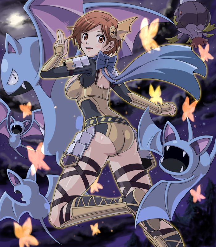 1girl armor ass back belt blue_scarf boots bow breasts brown_eyes brown_hair bug butterfly cloud crossover drifblim flying from_behind full_moon gauntlets gen_1_pokemon gen_4_pokemon golbat hair_ornament head_wings insect japanese_armor knee_boots kote kuji-in light_smile looking_at_viewer looking_back moon nene nene_(sengoku_musou) night night_sky ninja nintendo nobunaga_no_yabou pokemoa pokemon pokemon_(creature) pokemon_conquest scarf sengoku_musou short_hair sideboob skin_tight sky star_(sky) thigh_strap wings zubat