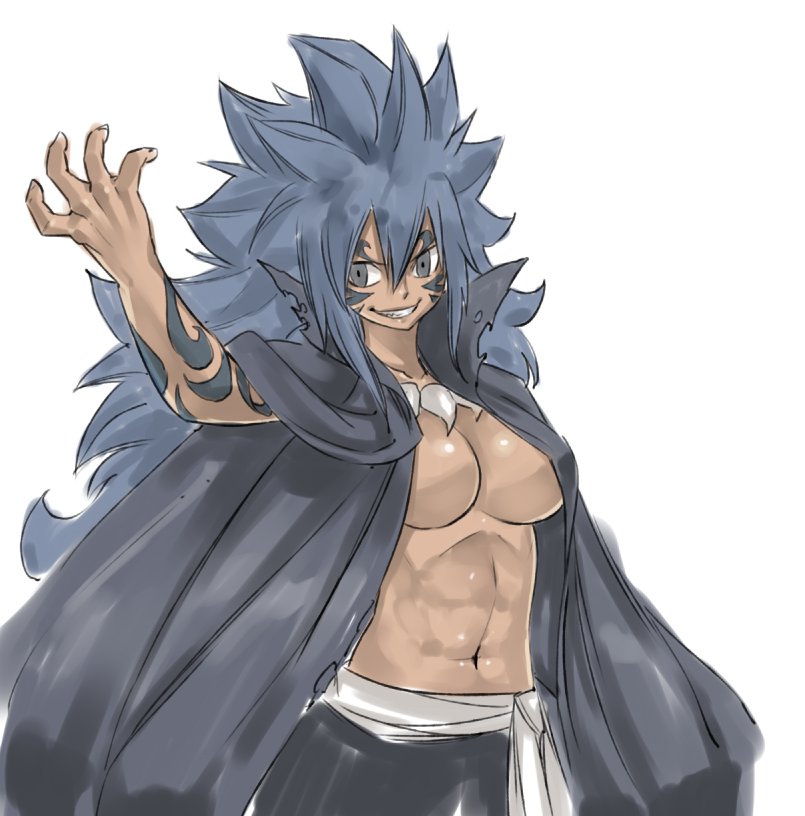 1girl abs acnologia blue_hair breasts cape fairy_tail genderswap genderswap_(mtf) grin large_breasts long_hair mashima_hiro necklace official_art sketch smile tagme tattoo tooth_necklace topless_female wild_hair