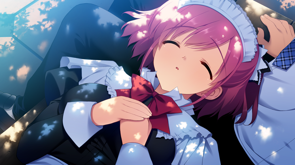1boy 1girl bench black_bow black_pants black_shirt blue_necktie bow bowtie breasts closed_eyes frilled_bow frills fumio_(ura_fmo) game_cg grisaia_(series) grisaia_no_kajitsu hair_bow hand_on_bench hands_on_own_chest juliet_sleeves kazami_yuuji komine_sachi lap_pillow long_sleeves maid maid_headdress medium_breasts necktie non-web_source open_mouth outdoors pants pink_hair plaid_clothes plaid_necktie puffy_sleeves red_bow red_bowtie shirt short_hair sleeping swept_bangs upper_body variant_set white_shirt