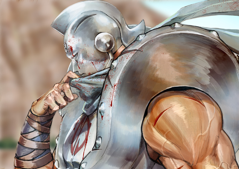 1boy bad_id bad_pixiv_id blood blurry blurry_background deep_wound helmet injury kinnikuman male_focus muscular profile silverman solo yoshito_(adore)