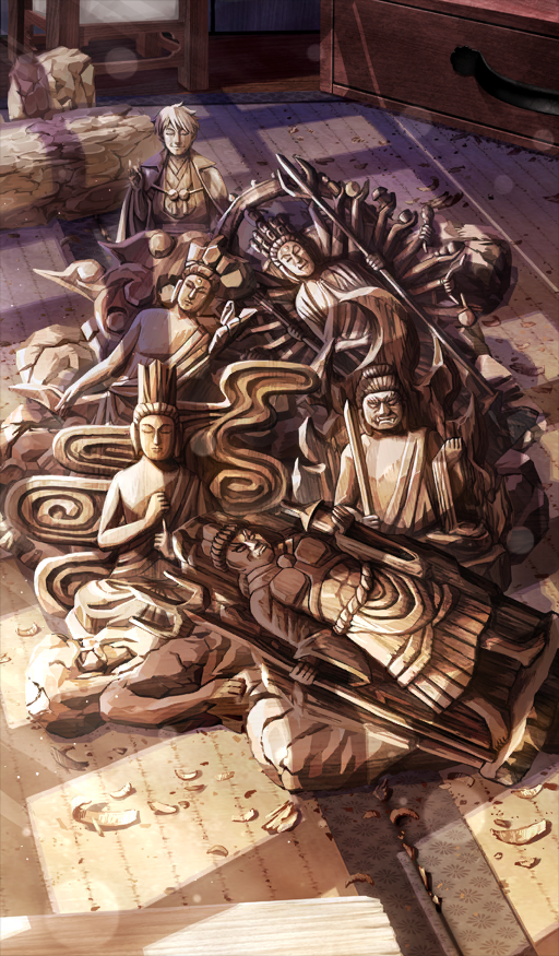 blurry bokeh brown_theme buddha carving chocolate_river_no_sono_saki_ni commentary_request depth_of_field fate/grand_order fate_(series) figure gilgamesh_(fate) gilgamesh_(ruler)_(fate) indoors no_humans official_art still_life tatami third-party_source zap