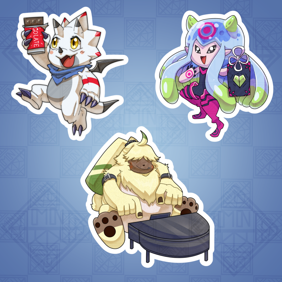 angoramon belt chocolate digimon digimon_(creature) digimon_ghost_game gammamon instrument jellyfish_girl jellymon monster_girl morgannox piano scar sticker_(medium) tentacle_hair tentacles wings
