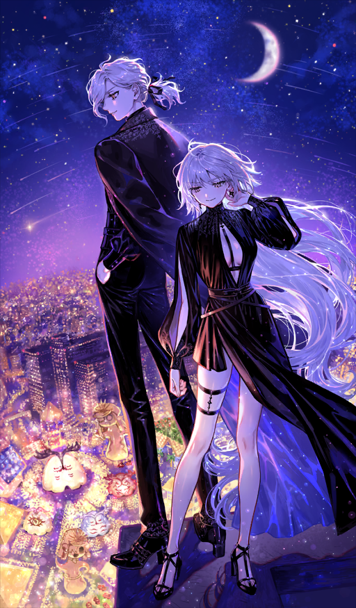 1boy 1girl asymmetrical_clothes asymmetrical_dress back-to-back black_dress black_footwear black_jacket black_pants black_ribbon cernunnos_(fate) cleavage_cutout closed_mouth clothing_cutout craft_essence_(fate) crescent_moon dress earrings edmond_dantes_(fate) edmond_dantes_(flames_of_applause)_(fate) fate/grand_order fate_(series) full_body grey_hair hair_ribbon hand_up high_heels jacket jacket_on_shoulders jeanne_d&#039;arc_alter_(fate) jeanne_d&#039;arc_alter_(flames_of_applause)_(fate) jewelry long_dress long_exposure long_hair long_sleeves looking_down low_ponytail moon night night_sky nipi27 official_art on_roof outdoors pants ponytail puffy_sleeves ribbon rooftop shoes short_hair sky smile standing star_(sky) star_trail starry_sky turtleneck turtleneck_dress very_long_hair yellow_eyes
