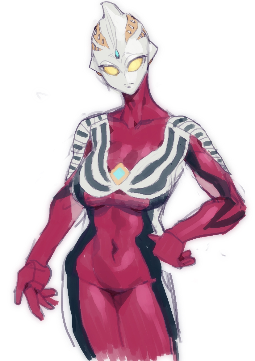 1girl bad_id bad_pixiv_id closed_mouth collarbone commentary_request covered_collarbone covered_navel genderswap genderswap_(mtf) hand_on_own_hip nicholas_f no_pupils simple_background sketch solo ultra_series ultraman ultraman_cosmos_(series) ultraman_justice white_background yellow_eyes