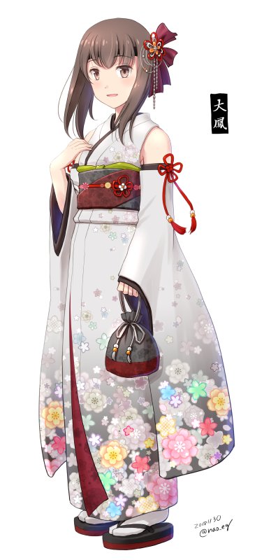 1girl alternate_costume bag brown_eyes brown_hair character_name commentary_request dated detached_sleeves floral_print full_body hair_ornament japanese_clothes kantai_collection kimono nao_(nao_eg) sandals satchel short_hair short_hair_with_long_locks simple_background sleeveless sleeveless_kimono socks solo standing tabi taihou_(kancolle) twitter_username white_background white_kimono white_socks zouri