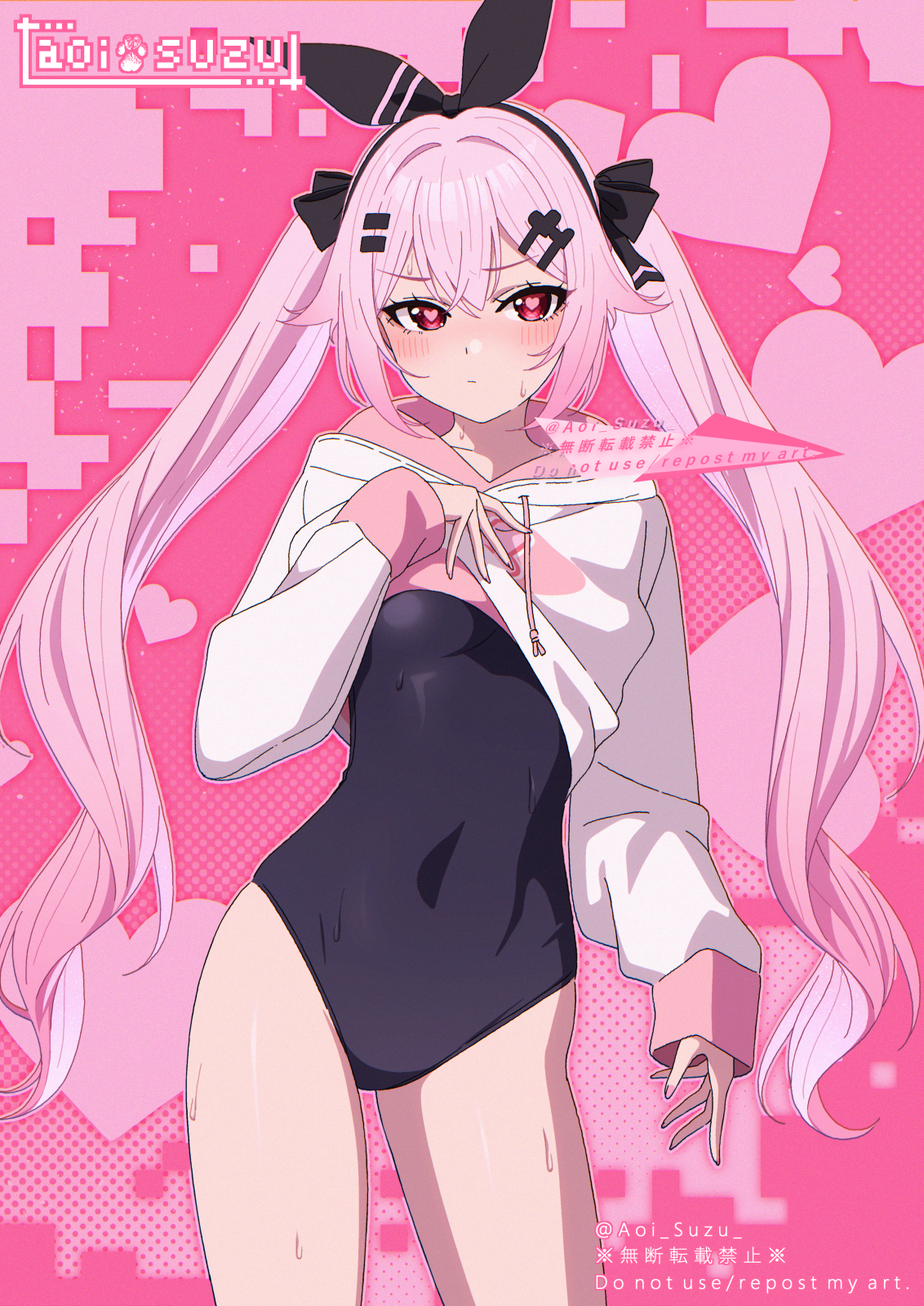 1girl aoi_suzu artist_name blush bow breasts closed_mouth clothes_lift commentary_request contrapposto copyright_notice covered_navel cowboy_shot curly_hair frown hair_between_eyes hair_bow hair_flaps hair_ornament hair_ribbon hairclip hand_on_own_chest heart heart-shaped_pupils heart_hair_ornament highres hood hood_down hoodie hoodie_lift jacket jacket_lift long_hair long_sleeves looking_at_viewer original partial_commentary patterned_background pink_background pink_hair red_eyes ribbon school_swimsuit small_breasts solo standing swimsuit swimsuit_under_clothes symbol-shaped_pupils twintails wet white_hoodie