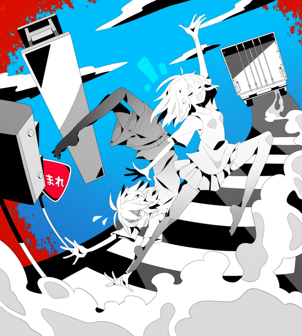 1boy 1girl amamiya_hibiya asahina_hiyori box_truck crosswalk good_end kagerou_days_(vocaloid) kagerou_project kashiri_kurosuke long_hair motor_vehicle road_sign short_hair sign smile smoke truck vocaloid
