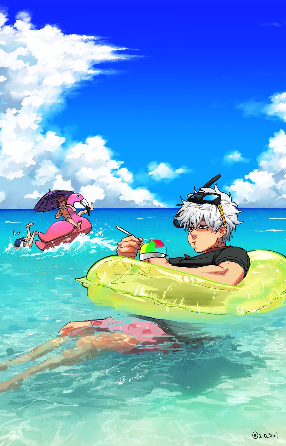 1girl 2_o_tori 2boys cloud cloudy_sky eating food food_print fruit_print gintama glasses goggles goggles_on_head highres holding holding_umbrella inflatable_flamingo innertube kagura_(gintama) male_swimwear multiple_boys ocean oil-paper_umbrella outdoors parasol pink_male_swimwear sakata_gintoki shaved_ice shimura_shinpachi sky strawberry_print swim_ring umbrella white_hair