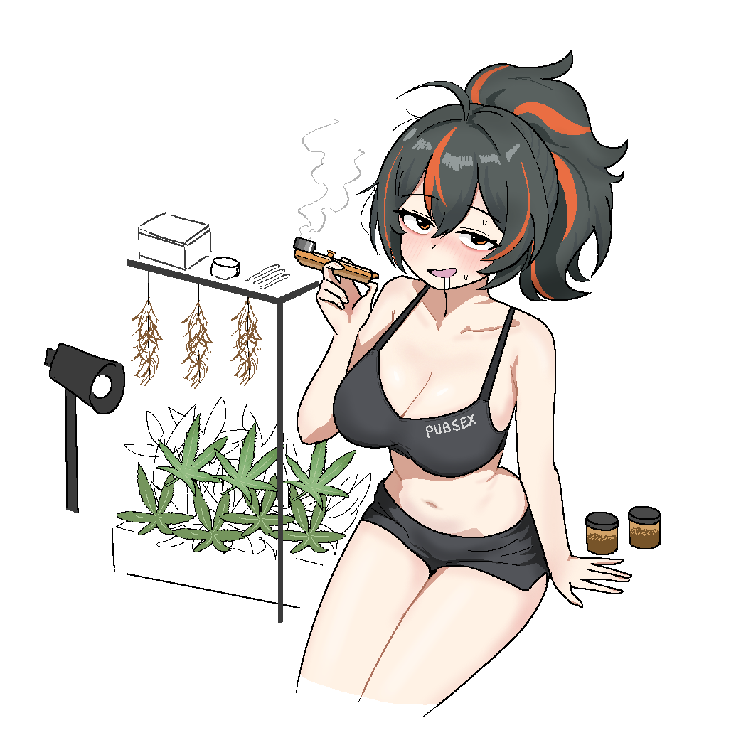 1girl black_bra black_hair black_shorts blush bra breasts cleavage cocktiel77 commentary_request drugs holding holding_smoking_pipe korean_commentary large_breasts looking_at_viewer marijuana multicolored_hair ponytail red_hair saliva shorts simple_background sitting smoking_pipe solo two-tone_hair underwear white_background zenless_zone_zero zhu_yuan
