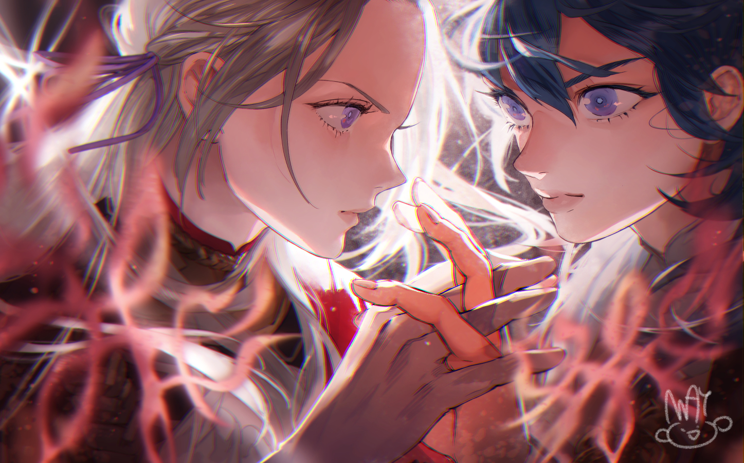 2girls artist_name blue_eyes blurry female_byleth_(fire_emblem) capelet close-up closed_mouth commentary_request couple depth_of_field detached_collar edelgard_von_hresvelg fire_emblem fire_emblem:_three_houses from_side green_hair hair_between_eyes hair_ribbon hands_up holding holding_hands large_forehead long_hair looking_at_another mayo_(becky2006) mixed-language_commentary multiple_girls nintendo parted_bangs pink_lips purple_ribbon red_capelet ribbon shade thick_lips wavy_hair white_hair yuri