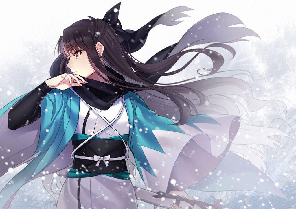 1girl black_bow black_hair black_scarf black_sleeves bow brown_eyes cosplay fate_(series) female_focus floating_hair hair_bow haori holding holding_sheath japanese_clothes kimono long_hair obi okita_souji_(fate) okita_souji_(koha-ace) okita_souji_(koha-ace)_(cosplay) sash scarf sheath snowing solo standing tohsaka_rin upper_body very_long_hair white_kimono yaoshi_jun
