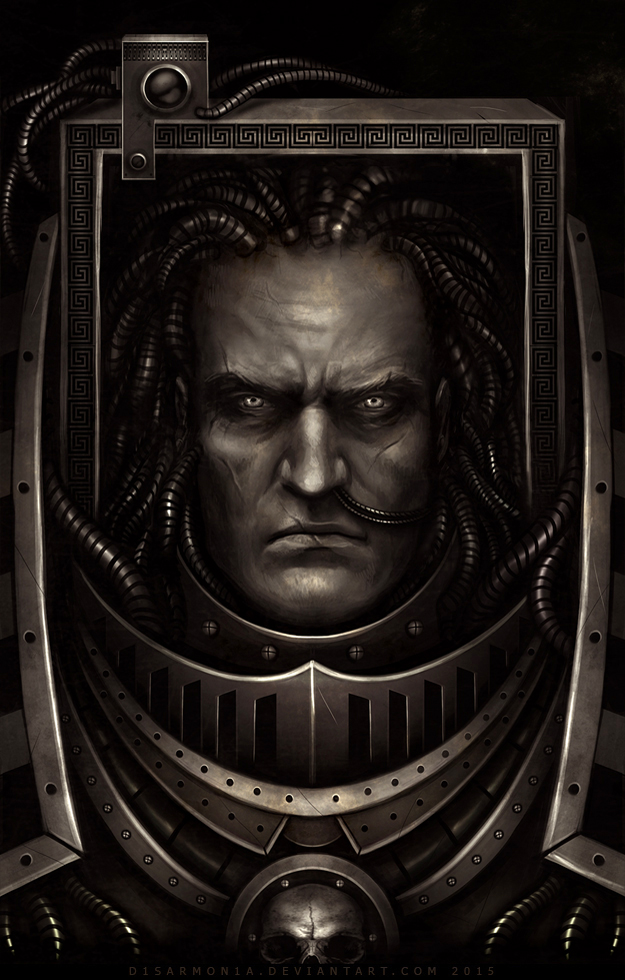 1boy armor bald black_background breastplate closed_mouth commentary dated deviantart_username english_commentary iron_warriors looking_at_viewer male_focus mechabare monochrome perturabo portrait power_armor primarch scar scar_on_face simple_background solo straight-on veronica_anrathi warhammer_40k watermark web_address