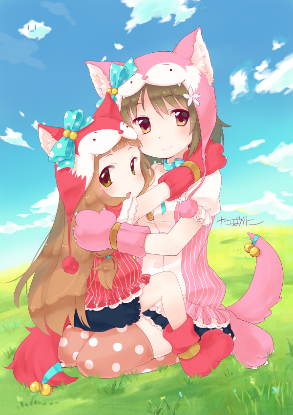 2girls animal_hands animal_hat bell black_skirt blush brown_eyes brown_hair cat_hat closed_mouth cloud gloves grass hat ichihara_nina idolmaster idolmaster_cinderella_girls mimura_kanako multiple_girls open_mouth outdoors paw_gloves paw_shoes polka_dot_thighhighs skirt tail tail_bell tail_ornament tarabagani thighhighs