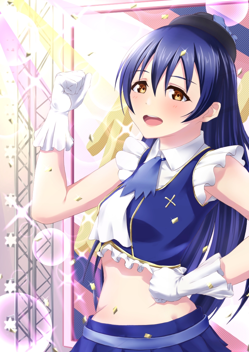 1girl artist_name artist_request bare_shoulders belt belt_buckle belt_skirt black_hat black_skirt black_vest blue_belt blue_bow blue_hair blue_necktie blue_ribbon blush bow breasts brown_eyes buckle center_frills clenched_hand collared_dress crescent crescent_earrings crescent_moon_symbol dress earrings female_focus frilled_dress frilled_shirt_collar frilled_skirt frills gloves hair_between_eyes hand_on_own_hip hat hat_bow highres jewelry layered_skirt long_hair looking_at_viewer love_live! love_live!_school_idol_festival love_live!_school_idol_project midriff miniskirt moon_earrings navel neckerchief necktie no_brand_girls on_stage parted_lips plaid_clothes plaid_dress plaid_skirt pleated pleated_dress pleated_skirt ribbon skirt sleeveless sleeveless_dress small_breasts smile solo sonoda_umi sparkle stage stage_lights two-tone_skirt vest white_dress white_gloves white_neckerchief white_skirt yellow_eyes