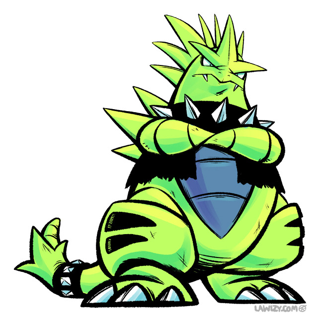 claws closed_mouth clothed_pokemon collar commentary creature crossed_arms english_commentary fangs full_body gen_2_pokemon looking_at_viewer nintendo no_humans pokemon pokemon_(creature) serious simple_background solo spiked_collar spikes standing tyranitar versiris white_background