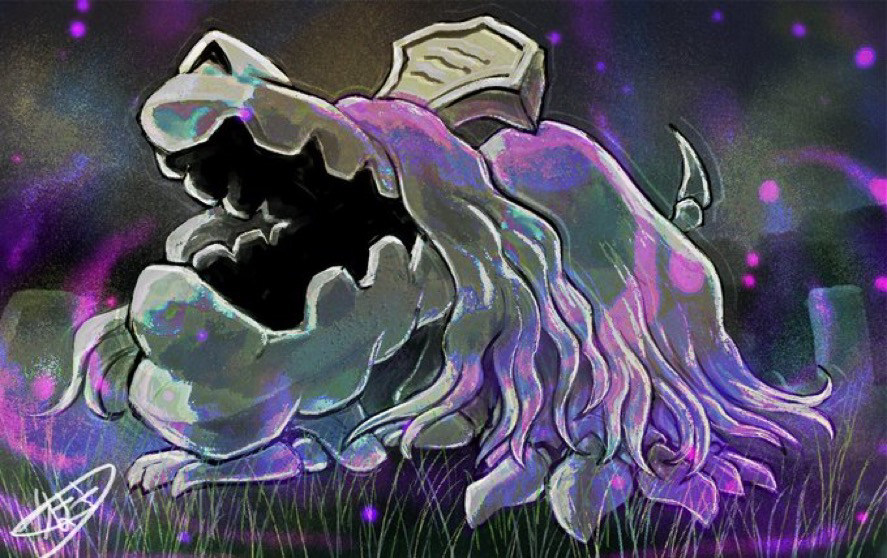 animal_focus commentary_request energy full_body grass houndstone kaosu_(kaosu0905) night nintendo no_humans open_mouth outdoors pokemon pokemon_(creature) pokemon_focus signature solo