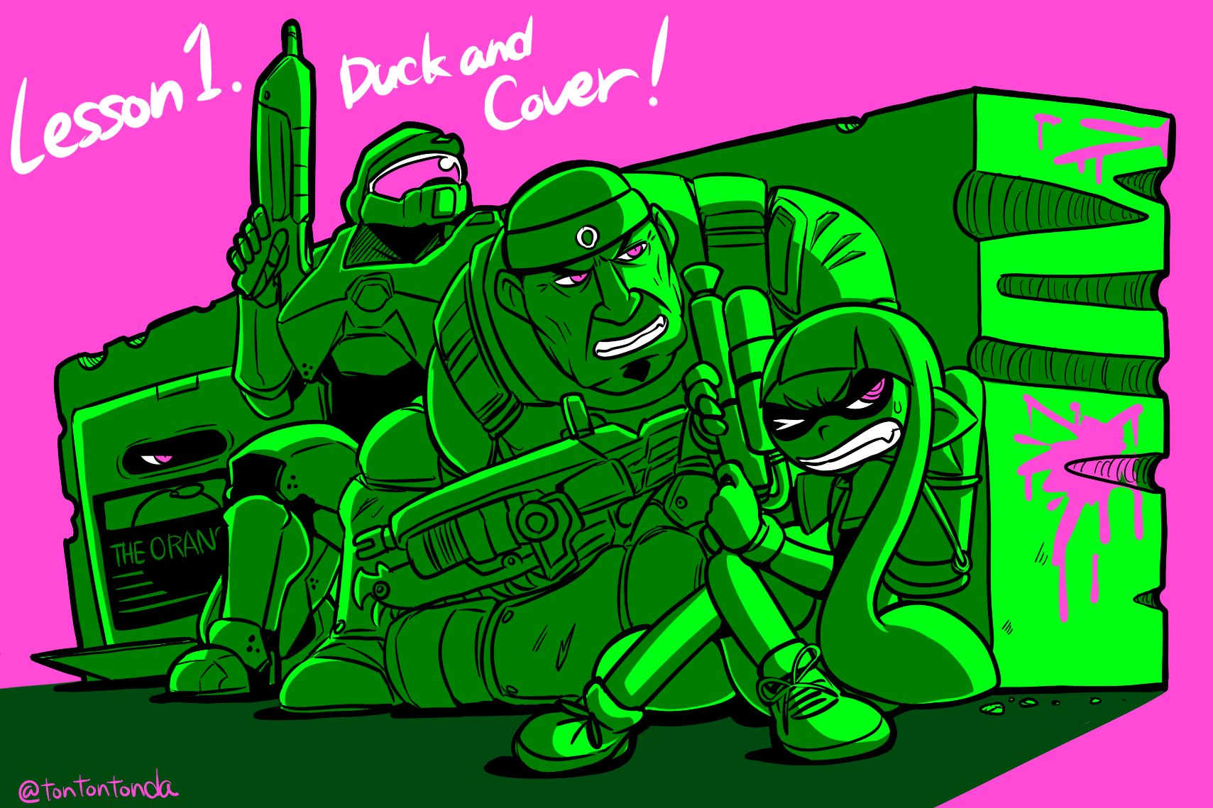1girl 3boys box cardboard_box english_text gears_of_war gun halo_(game) halo_(series) highres inkling inkling_girl inkling_player_character lancer_(gears_of_war) marcus_fenix master_chief metal_gear_(series) metal_gear_solid monochrome monster_girl multiple_boys nintendo power_suit purple_background solid_snake splatoon_(series) splatoon_1 tonda wall weapon