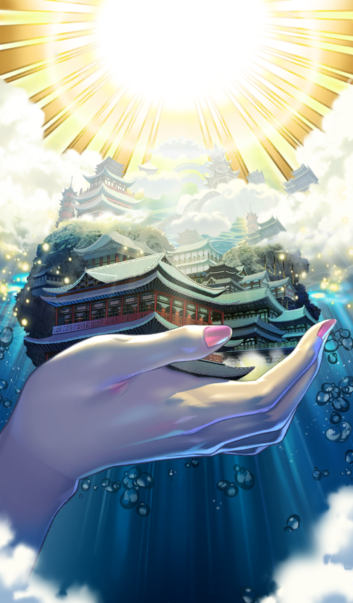1girl air_bubble architecture bubble cloud commentary east_asian_architecture fate/grand_order fate_(series) fingernails hand_focus holding in_palm light_rays official_art pink_nails sessyoin_kiara sessyoin_kiara_(swimsuit_mooncancer) sunbeam sunburst sunburst_background sunlight third-party_source water yamaneko_(lasengle)