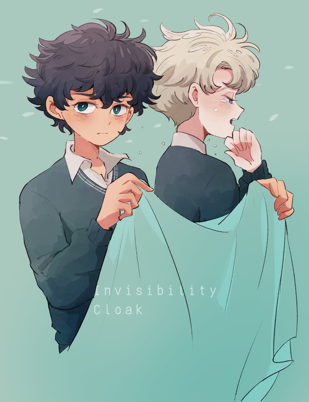 2boys albus_severus_potter amazou black_hair blonde_hair green_eyes harry_potter_(series) harry_potter_and_the_cursed_child highres hogwarts_school_uniform invisibility_cloak male_focus multiple_boys school_uniform scorpius_malfoy short_hair slytherin sweater tears wizarding_world