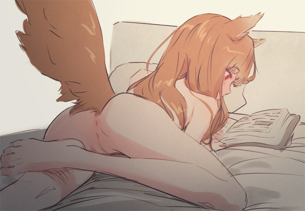 1girl animal_ears anus ass barefoot bed book brown_hair butterchalk casual_nudity commentary completely_nude english_commentary feet female_focus foot_out_of_frame from_behind holo long_hair lying nude on_bed on_stomach open_book pussy reading red_eyes sketch solo spice_and_wolf tail uncensored wolf_ears wolf_tail