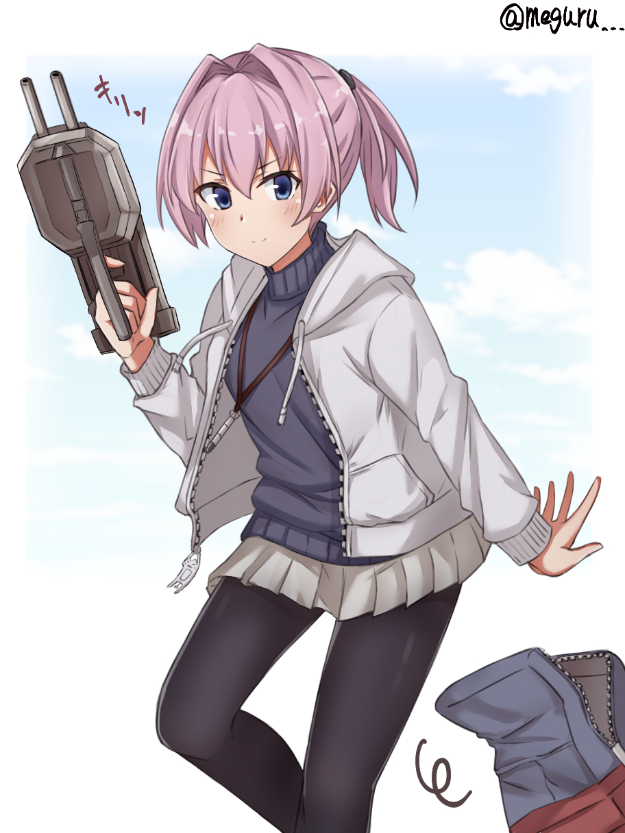 1girl adapted_turret bad_id bad_twitter_id bag black_pantyhose blue_eyes cannon commentary_request feet_out_of_frame female_focus grey_jacket grey_skirt grey_sweater hair_between_eyes hair_intakes highres jacket kantai_collection meguru_(megurunn) official_alternate_costume open_clothes open_jacket pantyhose pink_hair pleated_skirt ponytail ship_turret shiranui_(kancolle) short_hair skirt smile solo split_mouth standing sweater twitter_username