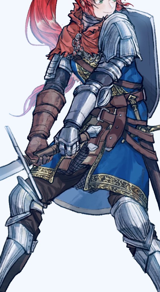 armor capelet chosen_undead claymore_(sword) closed_mouth commentary_request dark_souls_(series) dark_souls_i feet_out_of_frame full_armor green_eyes holding holding_sword holding_weapon long_hair looking_to_the_side ponytail red_capelet red_hair shield shield_on_back simple_background solo sword tworain_w weapon white_background