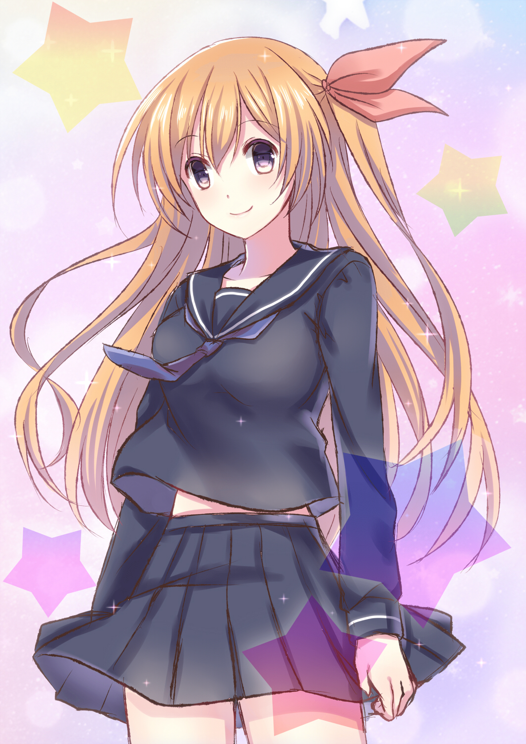 1girl arms_at_sides black_sailor_collar black_shirt black_skirt blush breasts chaos;child closed_mouth commentary_request cowboy_shot dot_nose female_focus hair_spread_out high-waist_skirt highres kurusu_nono light_blush long_hair long_sleeves looking_at_viewer medium_breasts miniskirt neckerchief necktie nishijou_myu orange_hair pleated_skirt purple_eyes purple_neckwear sailor_collar school_uniform shirt skirt smile solo sparkle standing star_(symbol) very_long_hair