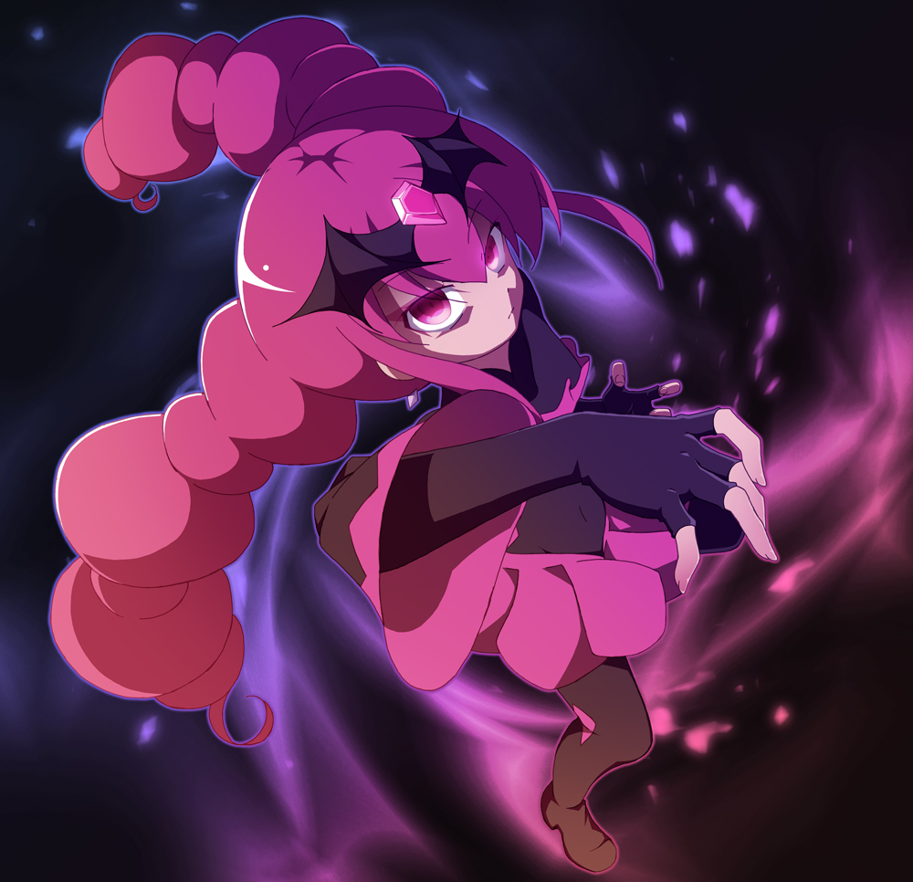 bad_end_happy bad_end_precure black_bodysuit black_headwear bodysuit breasts dark_persona frilled_sleeves frills from_side frown glaring hand_up latex latex_bodysuit looking_at_viewer pink_eyes pink_hair precure skirt small_breasts smile_precure! ts1016 twintails