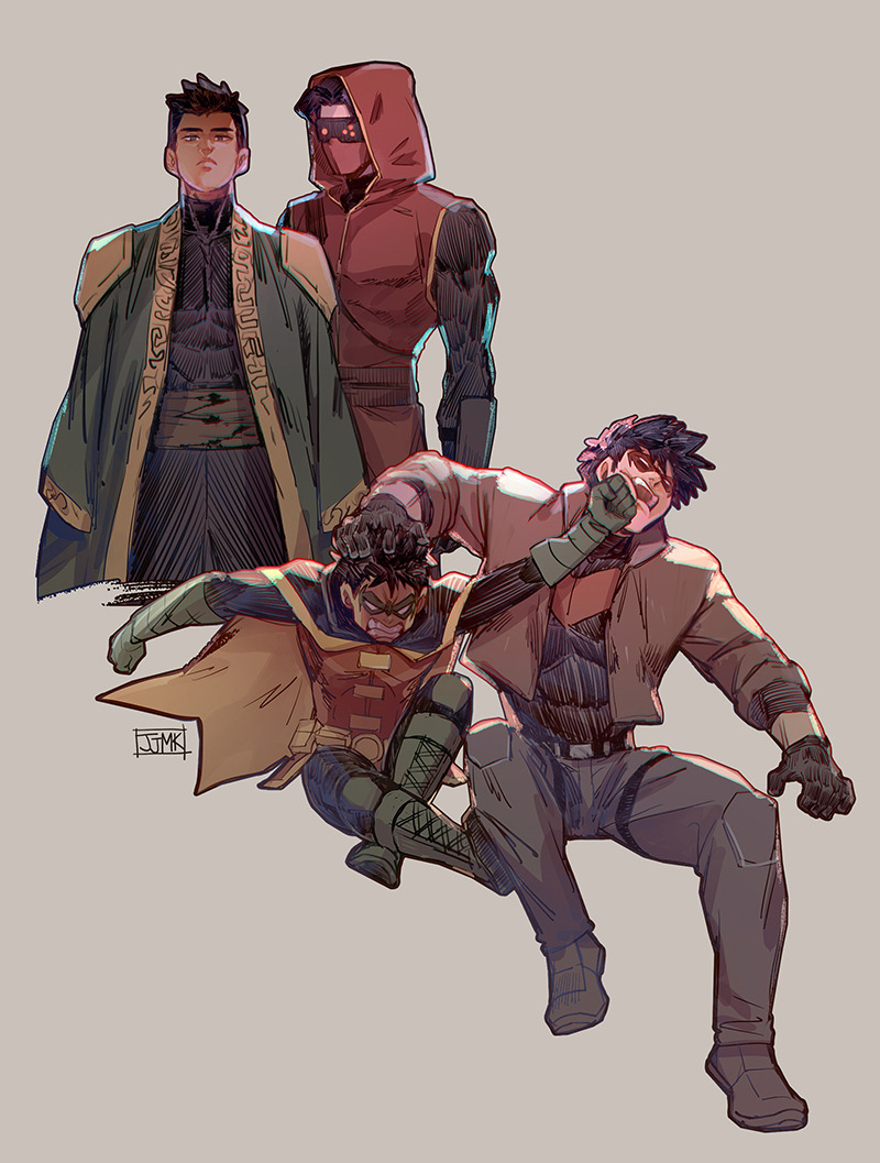 bat_signal batman batman_(series) batman_symbol black_bodysuit black_gloves black_hair blue_eyes bodysuit brothers brown_jacket cape damian_wayne dc_comics domino_mask eye_mask gloves grey_bodysuit jacket jason_todd jjmk-jjmk male_focus mask multicolored_bodysuit multiple_boys muscular muscular_male open_clothes pants red_hood red_hood_(dc) red_hood_and_the_outlaws red_mask robin_(dc) short_hair siblings superhero_costume taut_bodysuit two-tone_bodysuit yellow_cape young_justice