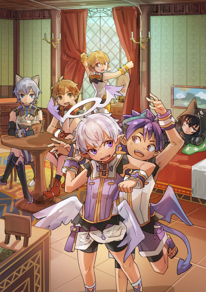 6+boys angel angel_wings animal_ears animal_hood bed black_eyes black_hair blue_eyes blue_hair book brown_eyes brown_hair cat_boy cat_ears cat_hood demon_boy demon_tail dog_ears dog_tail fang full_body geetgeet hair_between_eyes halo hood hoodie horns killian_phegor ledo_vassar looking_back low_wings luke_venus male_focus multiple_boys pointy_ears pop-up_story purple_eyes selim_spark silver_hair summer_uniform sweatdrop tail wings yuuri_lessen ziz_glover