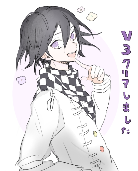 1boy arm_belt belt black_hair black_scarf buttons chain checkered_clothes checkered_scarf cowboy_shot danganronpa_(series) danganronpa_v3:_killing_harmony finger_to_own_chin flower hair_between_eyes jacket layered_sleeves long_sleeves looking_at_viewer male_focus multicolored_buttons multiple_belts oma_kokichi open_mouth oval purple_background purple_eyes purple_flower scarf short_hair smile solo teeth toohoku translation_request two-tone_background two-tone_scarf upper_teeth_only white_background white_belt white_flower white_jacket white_scarf wrist_belt