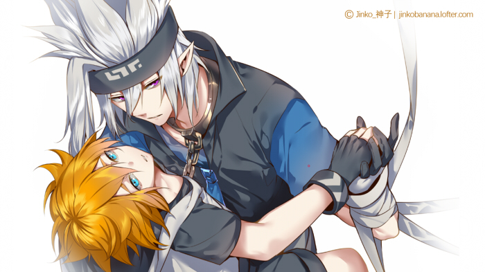 2boys aotu_world artist_name bandages bishounen black_gloves blue_eyes chain collar fingerless_gloves gloves grey_(aotu_world) grey_hair hair_between_eyes headband jinkoika king_(aotu_world) long_hair looking_at_viewer lying male_focus multiple_boys on_back orange_hair pointy_ears purple_eyes shirt short_hair simple_background smile spiked_hair watermark web_address white_background white_hair yaoi