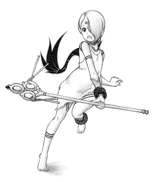 1girl anklet aragaki_ryo barefoot bracelet breath_of_fire breath_of_fire_v dress facial_mark full-body_tattoo full_body greyscale hair_over_one_eye holding holding_staff jewelry monochrome nina_(breath_of_fire_v) open_mouth short_hair simple_background solo staff tattoo white_background white_dress wings