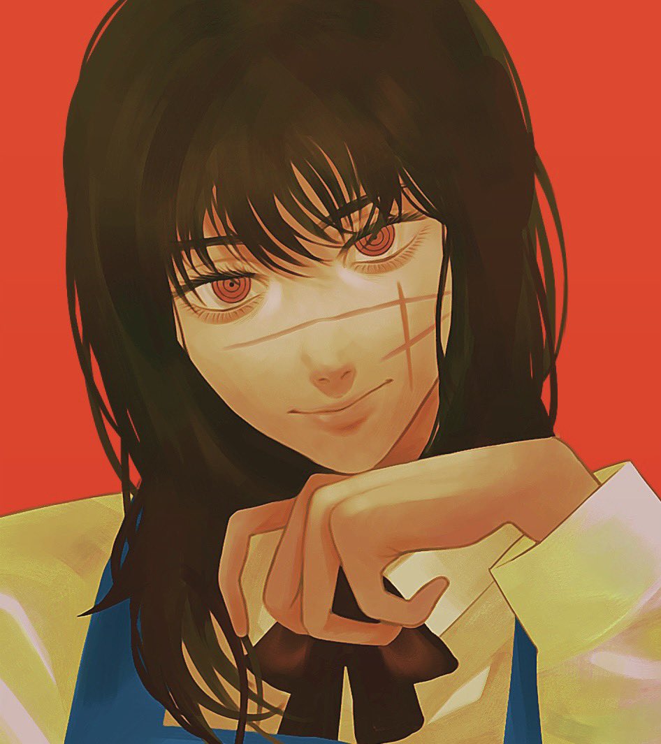 1girl black_hair black_ribbon chainsaw_man cross_scar dress facial_scar fourth_east_high_school_uniform head_tilt llq9ull long_hair looking_at_viewer neck_ribbon pinafore_dress red_background red_eyes ribbon ringed_eyes scar scar_on_cheek scar_on_face school_uniform simple_background sleeveless_dress smile solo yoru_(chainsaw_man)