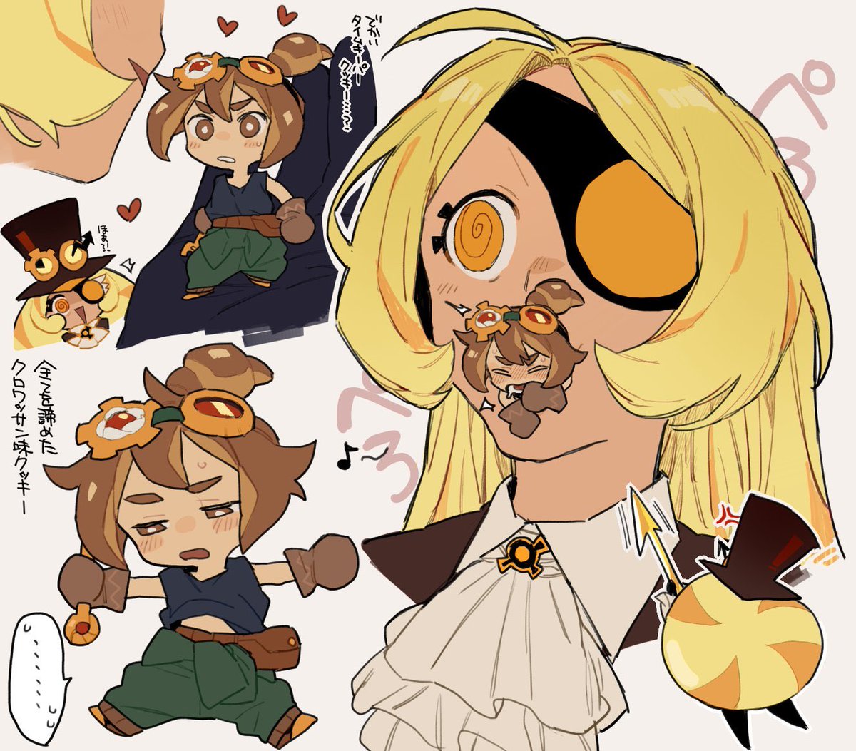... 2girls @_@ archived_source arm_up ascot belt black_shirt blonde_hair blush brown_belt brown_footwear brown_gloves brown_hair brown_vest chewing chibi closed_eyes clueless cookie_run cookie_run:_ovenbreak croissant_cookie dayama eyelashes eyepatch furrowed_brow gloves goggles goggles_on_head green_pants hat heart holding holding_chibi holding_polearm holding_weapon humanization long_hair looking_at_another looking_down lowered_eyelids moaning multicolored_hair multiple_girls no_nose open_mouth orange_eyes pants polearm ponytail selfcest shirt sleeveless sleeveless_shirt smile spear speech_bubble spread_legs streaked_hair surprised timekeeper_cookie top_hat vest weapon yuri