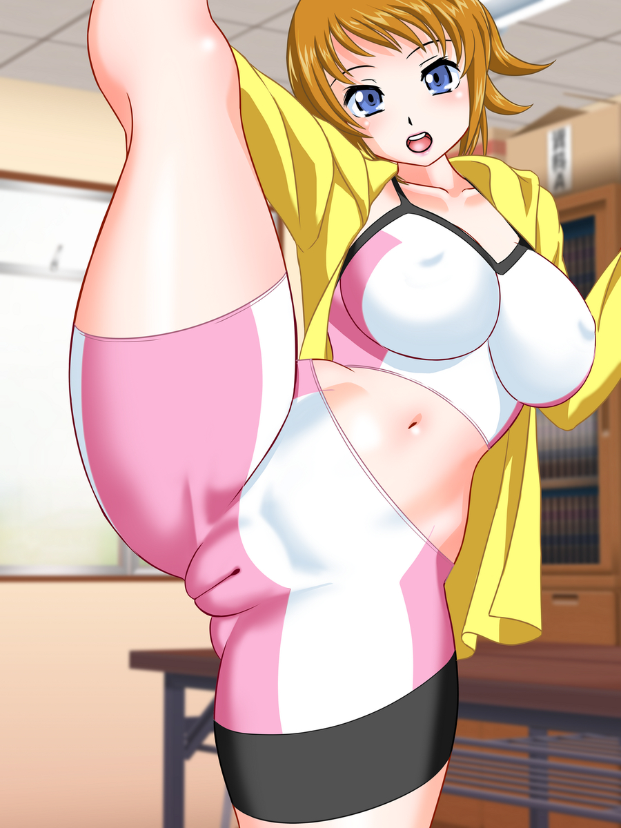 1girl bike_shorts blue_eyes blurry blush bookshelf breasts brown_hair cameltoe covered_erect_nipples cowboy_shot depth_of_field flexible gluteal_fold gundam gundam_build_fighters gundam_build_fighters_try highres hoshino_fumina indoors large_breasts leg_up looking_at_viewer midriff navel okamoto_fujio open_mouth short_hair smile solo split sports_bra standing standing_on_one_leg standing_split striped_clothes swept_bangs