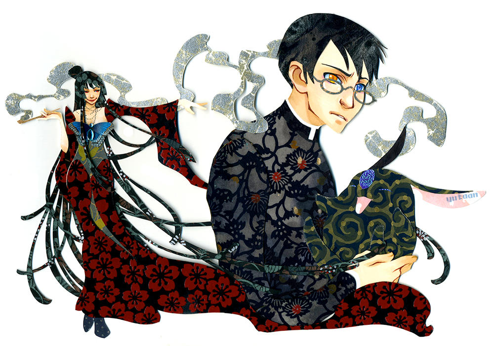 1boy 1girl absurdly_long_hair artist_name black_footwear black_hair black_mokona black_shirt black_sleeves blue_eyes boots breasts character_request cleavage closed_mouth commentary commission creature cropped_torso dress english_commentary fingernails floral_print frown full_body furrowed_brow glasses grey-framed_eyewear hair_bun heterochromia holding holding_creature holding_smoking_pipe ichihara_yuuko jewelry layered_sleeves lipstick long_dress long_hair long_sleeves looking_at_viewer makeup medium_breasts necklace outstretched_arm parted_lips red_dress red_eyes red_lips red_sleeves round_eyewear school_uniform shirt simple_background single_hair_bun sleeves_past_wrists smile smoke smoking_pipe turtleneck turtleneck_shirt very_long_hair watanuki_kimihiro white_background white_undershirt wide_sleeves xxxholic yellow_eyes yutaan